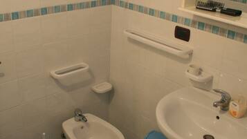 Douche, sĂšche-cheveux, bidet, serviettes fournies