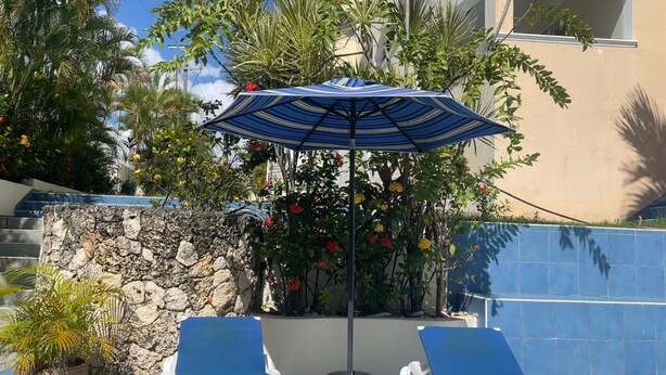 Uma área de piscina com duas espreguiçadeiras, um muro de pedra e diversos tipos de plantas.