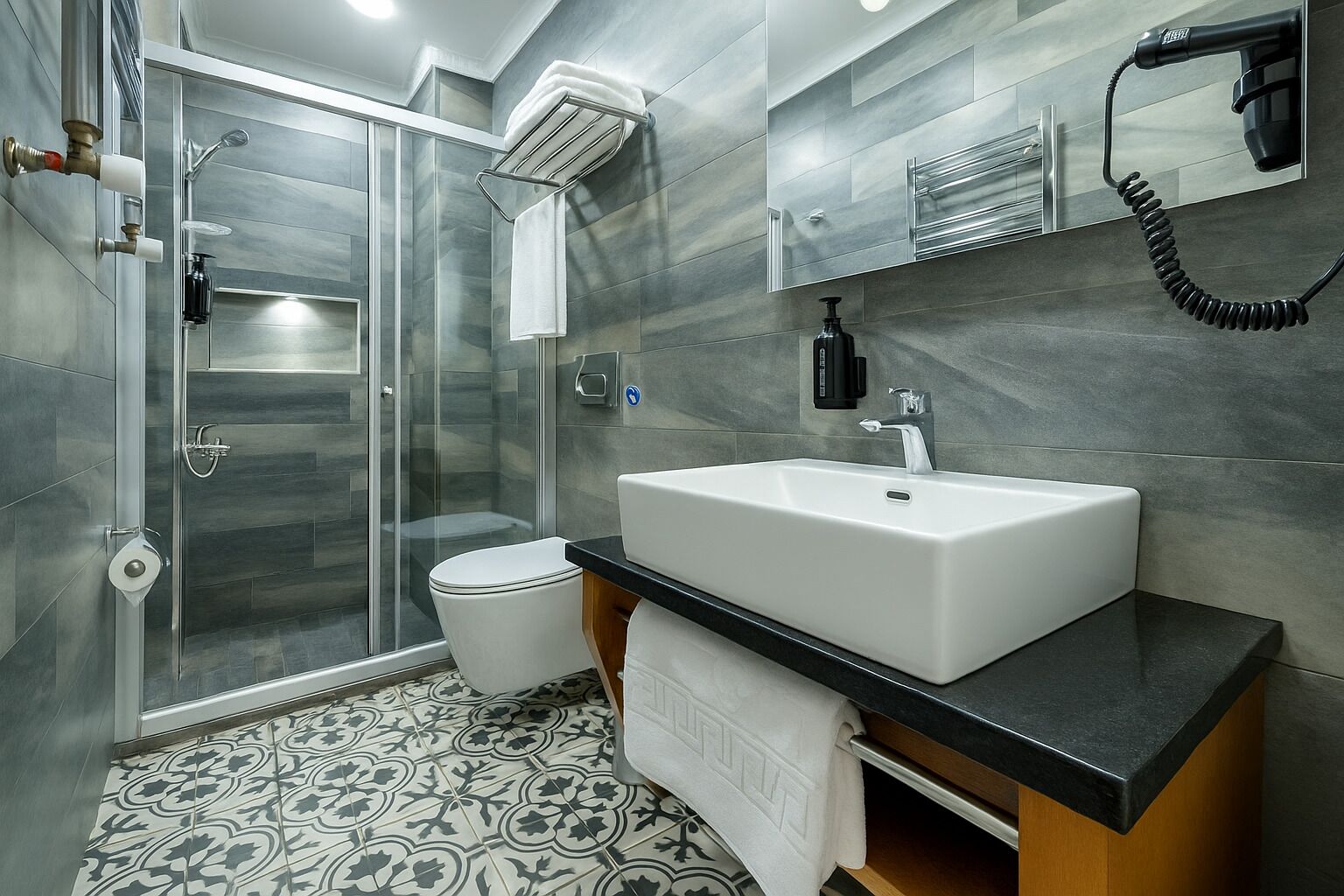 deluxe double room | bathroom | shower, rainfall showerhead, designer toiletries, hair dryer