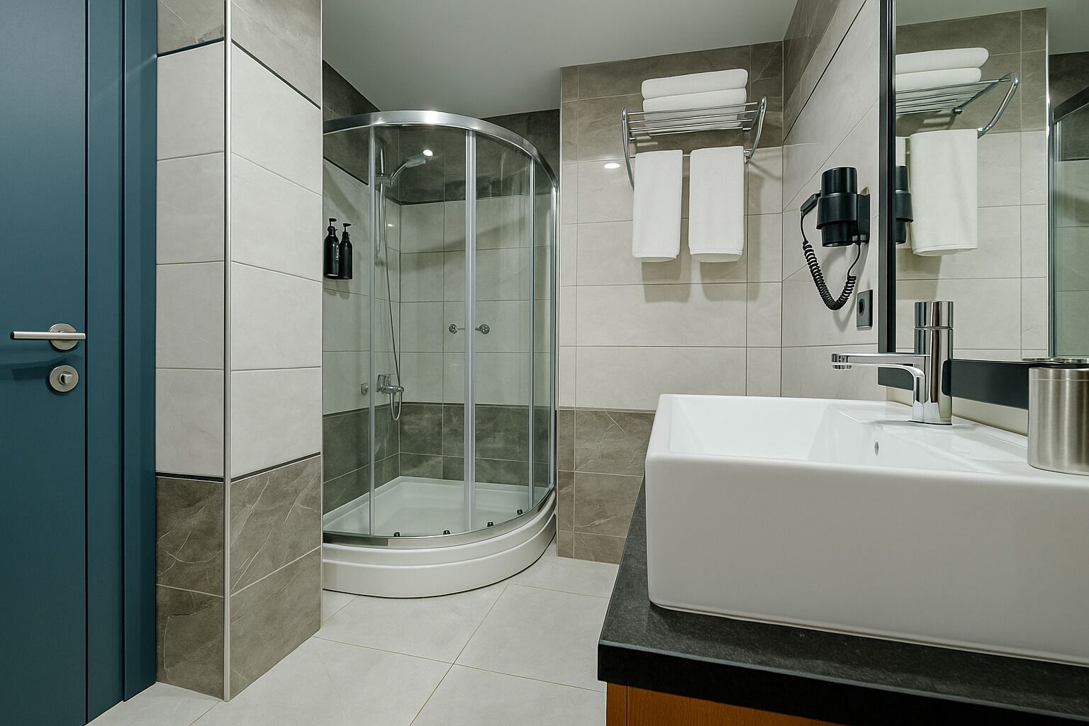 standard twin room | bathroom | shower, rainfall showerhead, designer toiletries, hair dryer
