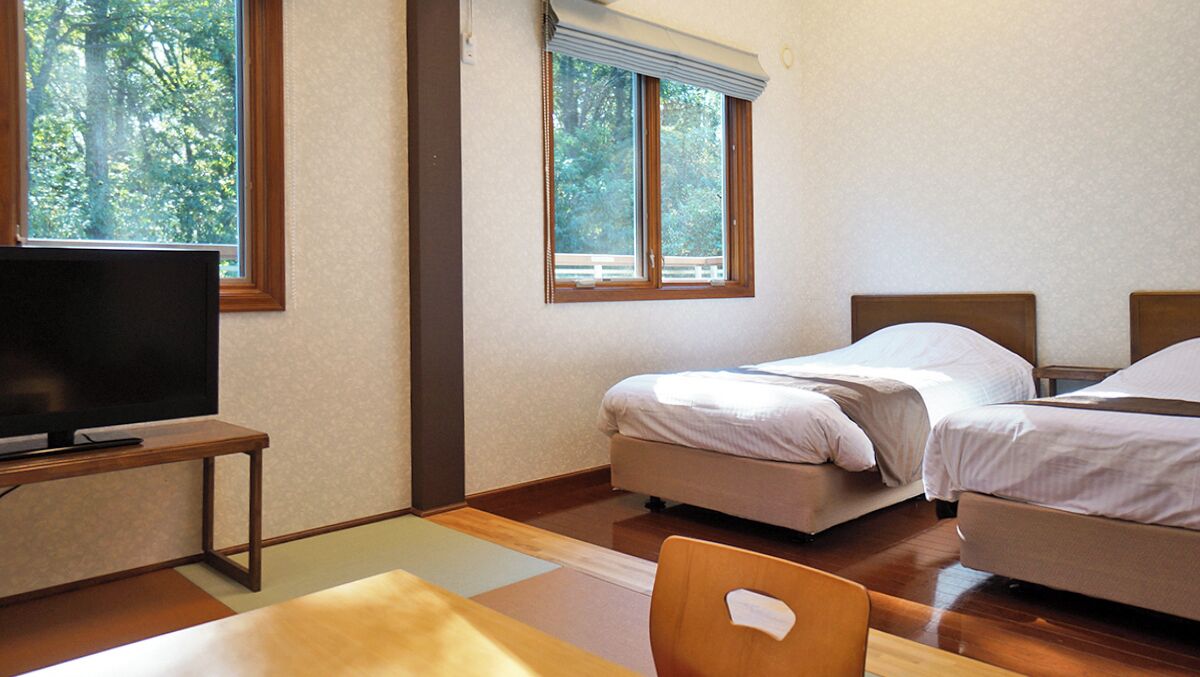 A room with two beds, a TV on a table, and large windows with a view of trees.