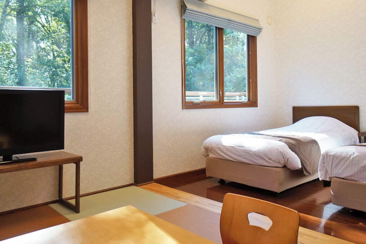 Ein Zimmer mit zwei Betten, einem Fernseher auf einem Tisch und großen Fenstern mit Blick auf Bäume.