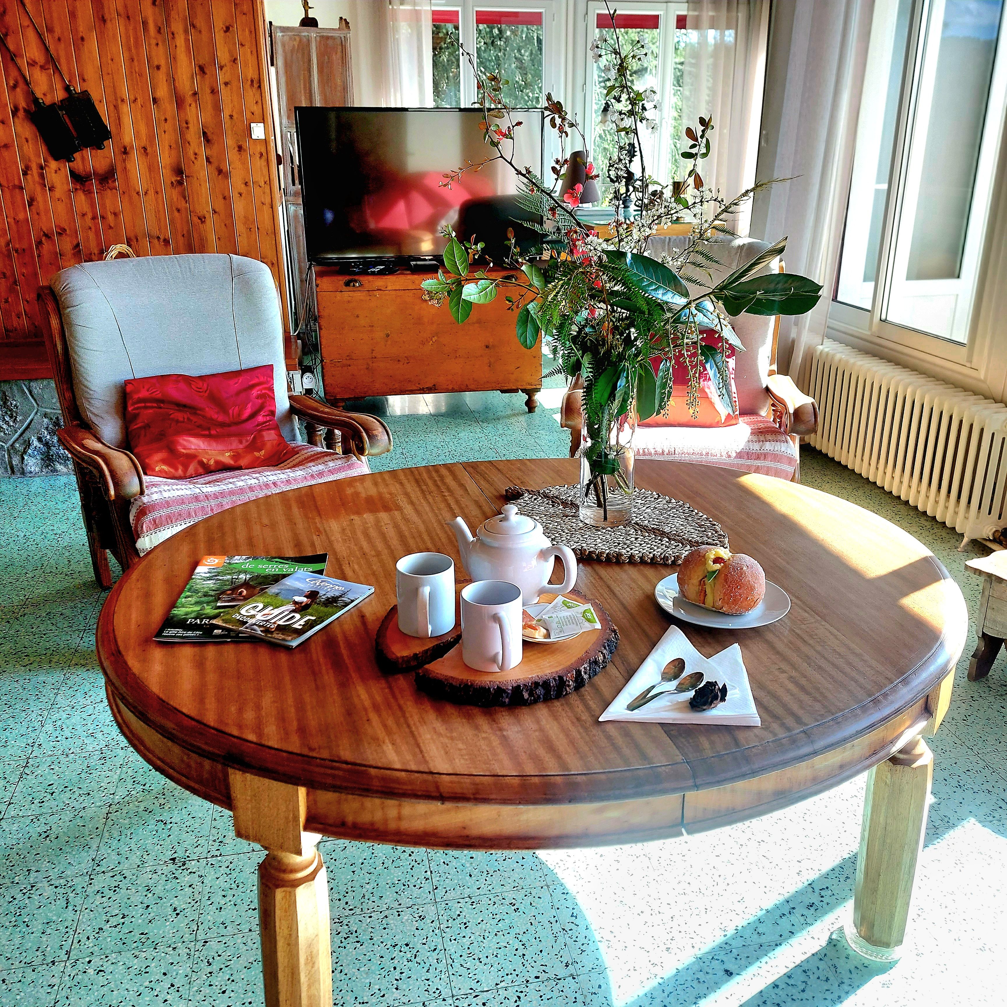 A cozy living room with a wooden coffee table, a comfortable armchair, a television, and a potted plant.