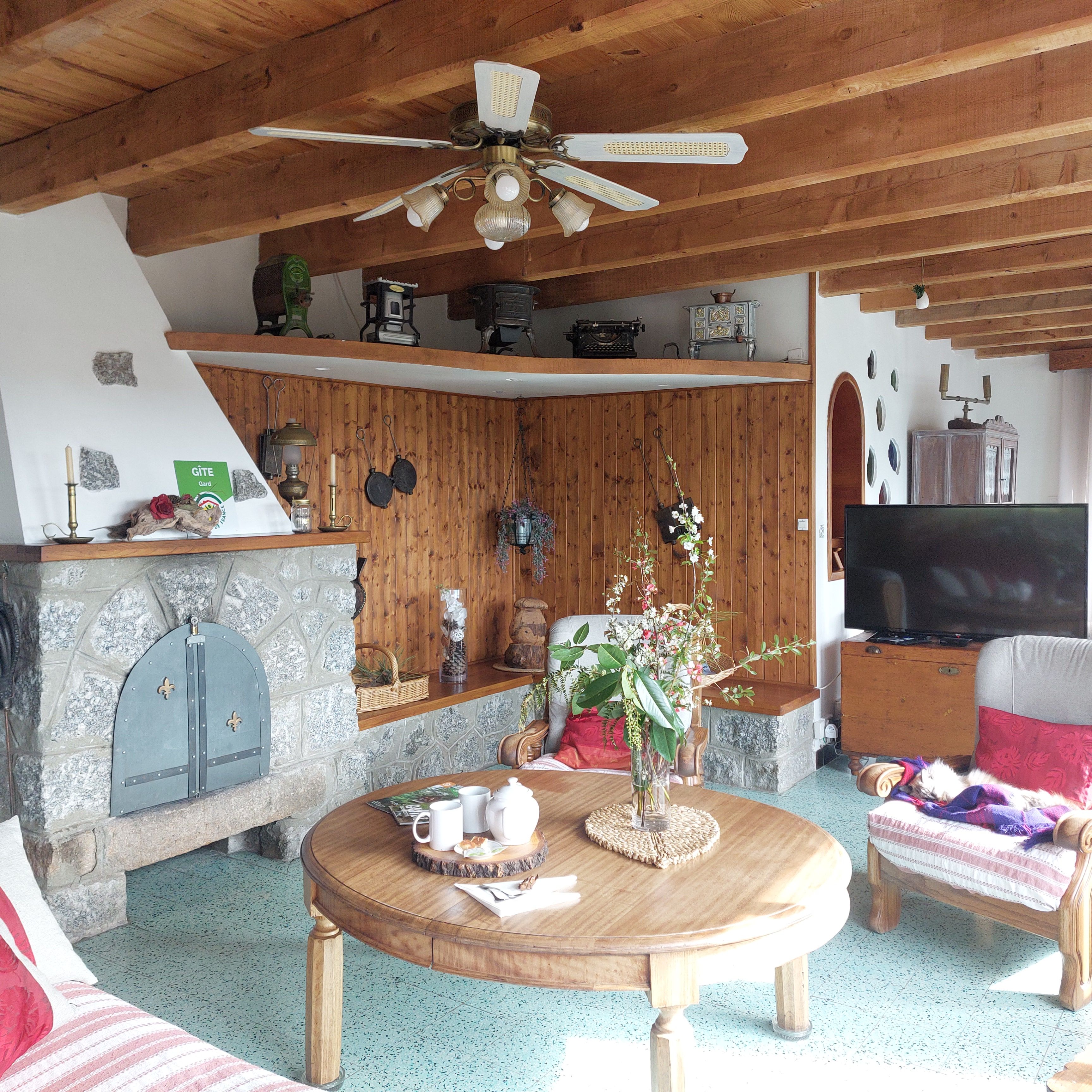 Un salon chaleureux avec une cheminée, un plafond en bois et un téléviseur.