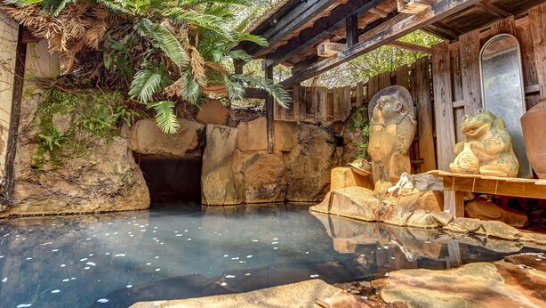 A rustic wooden structure with a pond, rocks, and a frog statue. - Gyokusenkan (Ebino)