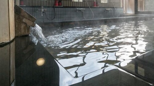 Una amplia piscina interior con múltiples grifos, una pared de azulejos y una vista despejada al exterior.