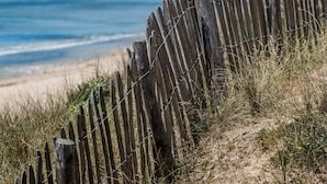 Una valla de madera con alambre de púas que conduce a una playa con agua azul cristalina y tierra a lo lejos.