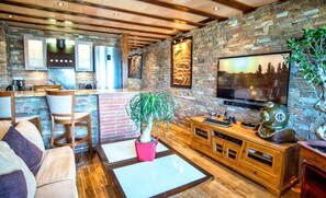 Televisión, chimenea, reproductor de DVD y libros 