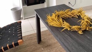 Ein modernes Wohnzimmer mit einem dunklen Holztisch, einem schwarzen Sofa, einer weißen Regaleinheit mit einem Topfpflanze und einem Fernseher, der 'Groundhog Day' zeigt, sowie einem wandmontierten Spiegel.