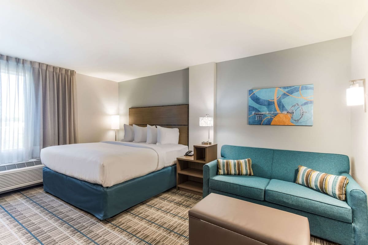 A hotel room with a large bed, a sofa, a nightstand, a lamp, and a painting on the wall.