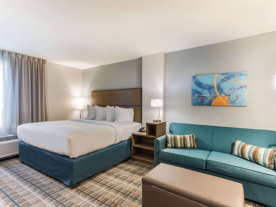 Una habitación de hotel con una cama grande, un sofá, una mesita de noche, una lámpara y un cuadro en la pared.