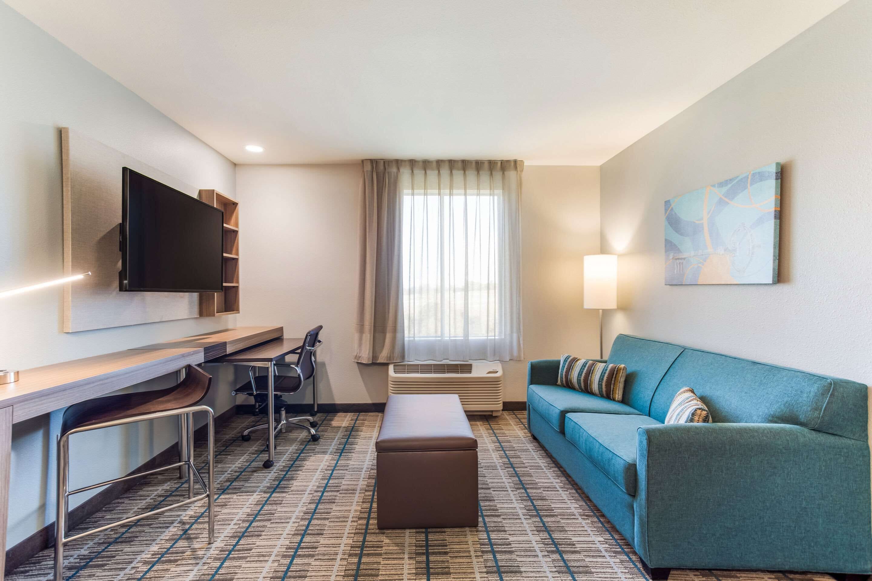 desk, laptop workspace, blackout curtains, iron/ironing board