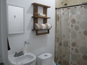 Regadera, toallas, jabón, papel de baño 