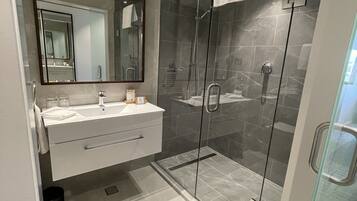 Shower, rainfall showerhead, eco-friendly toiletries, hair dryer