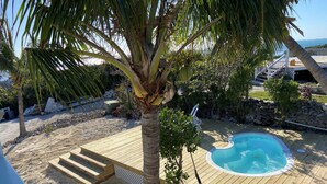 En træterrasse med swimmingpool, palmer og en stenvæg.