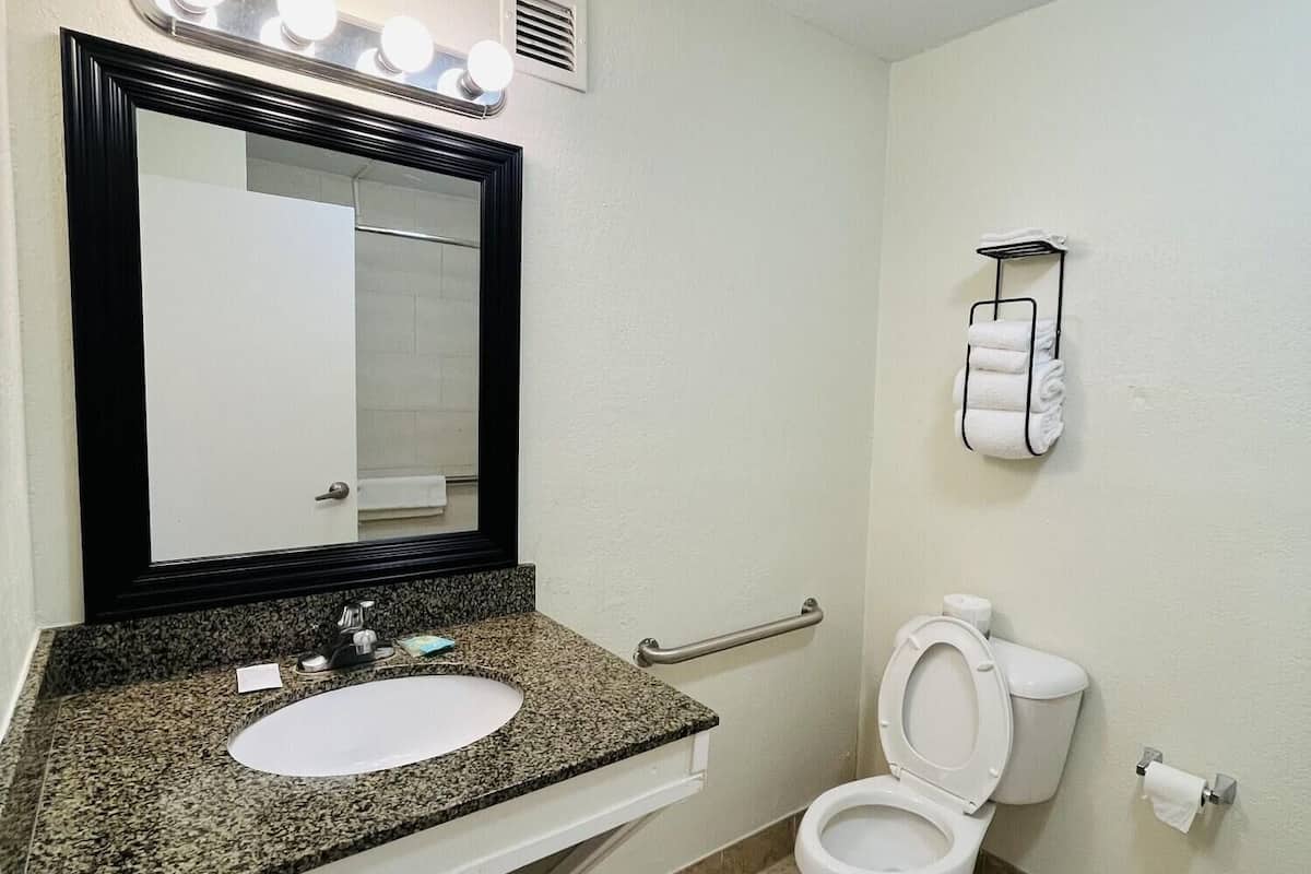 Une salle de bain avec un lavabo doté d’un plan de travail en granit, un miroir avec éclairage intégré, des toilettes et un porte-serviettes.