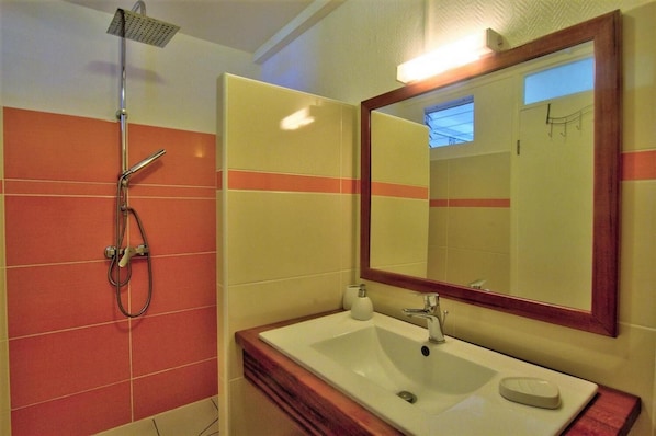 Douche, séchoir à cheveux, serviettes fournies, savon