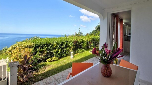 Un balcon avec vue sur l’océan, un jardin et un coin repas agrémenté d’un vase de fleurs.
