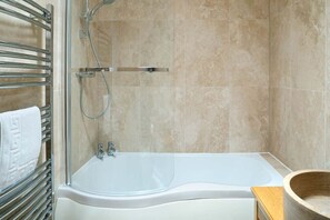 Combined shower/bathtub, hair dryer