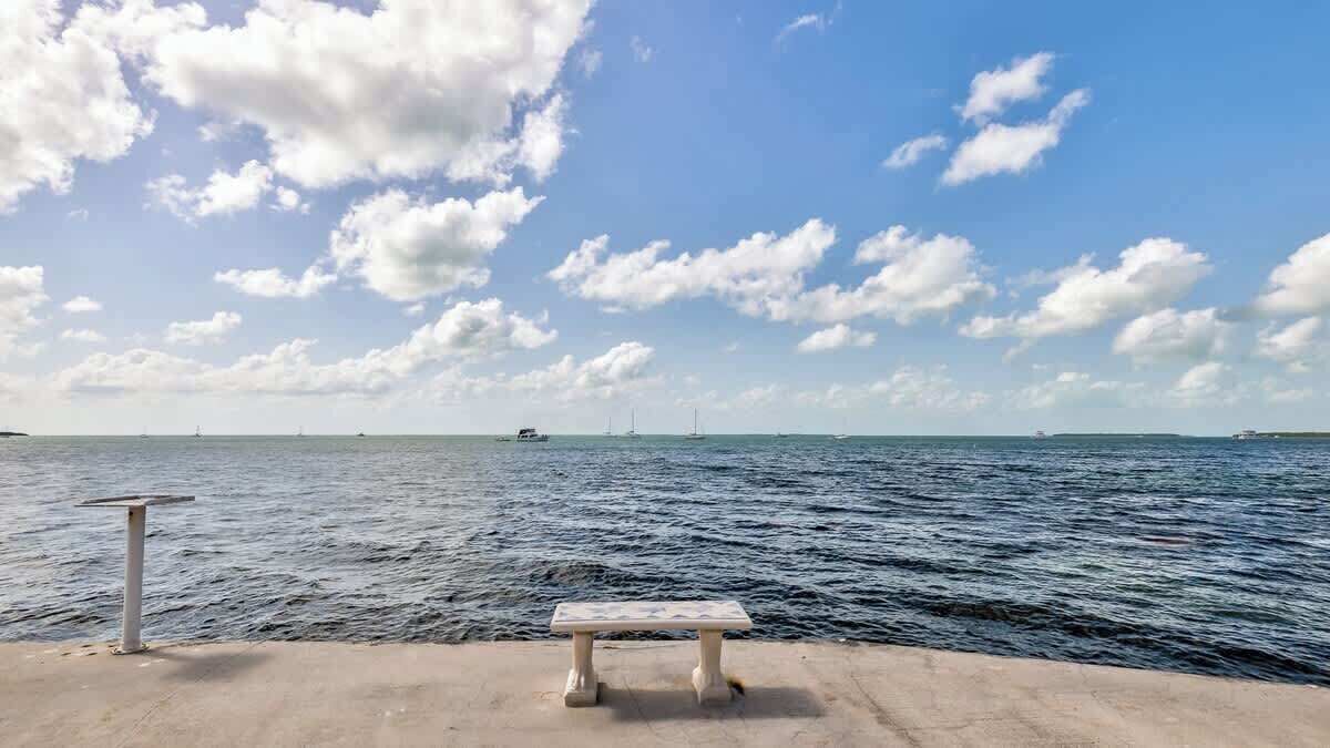 A bench by a calm sea with a clear sky.