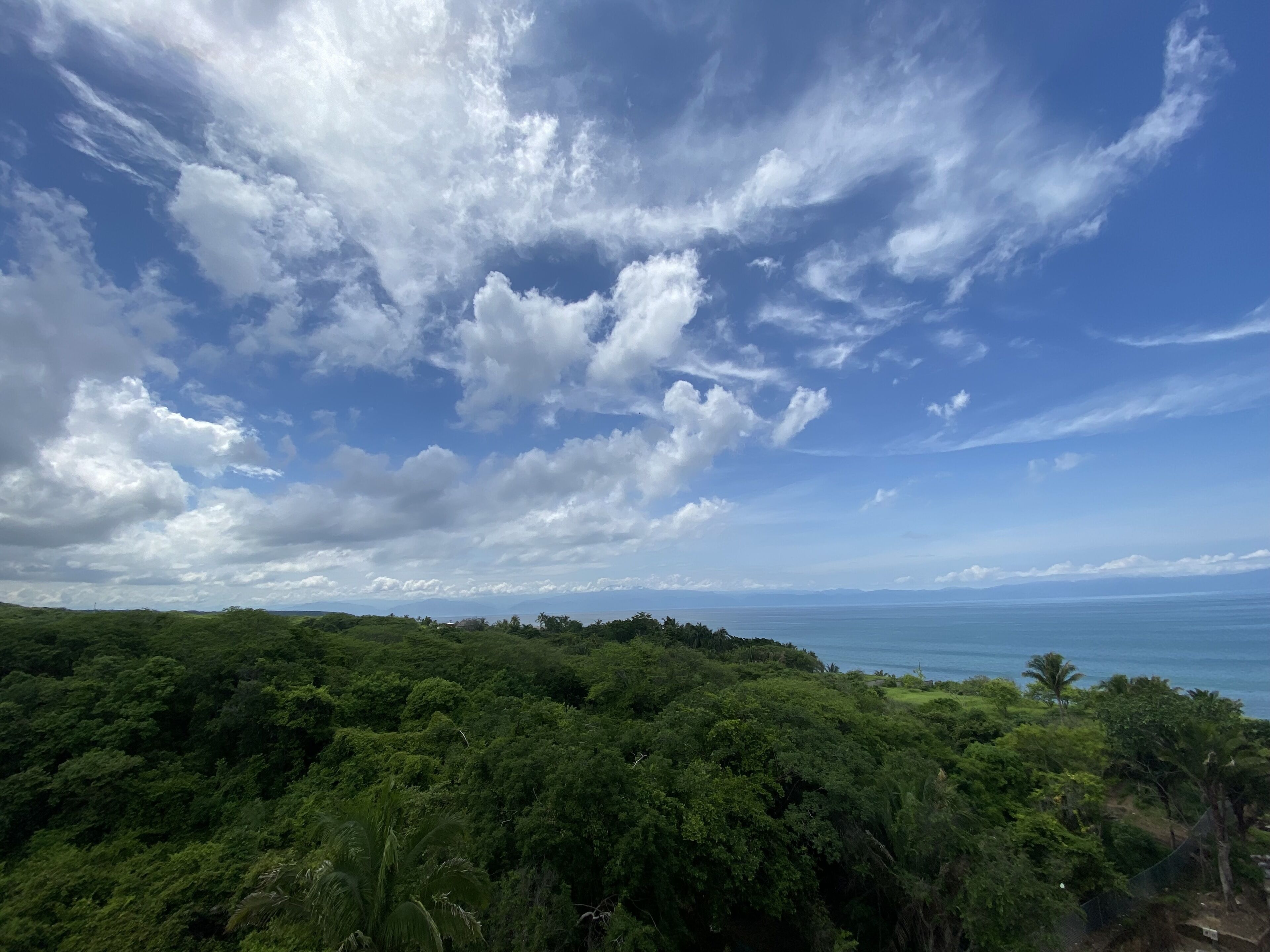 Un paysage tropical caractérisé par une végétation luxuriante et un ciel bleu azur parsemé de quelques nuages.