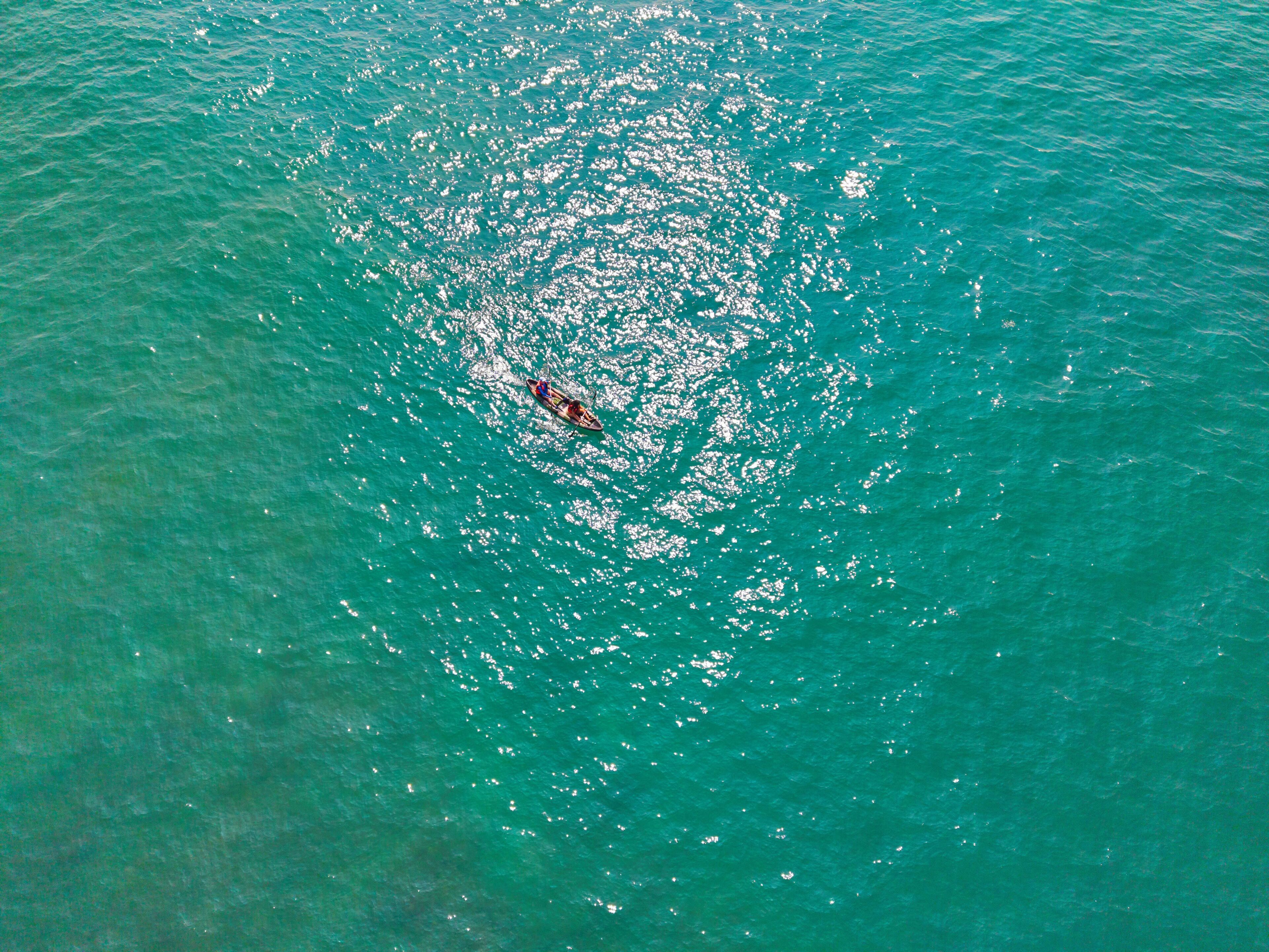 Eine Person schwimmt in einem großen Gewässer.
