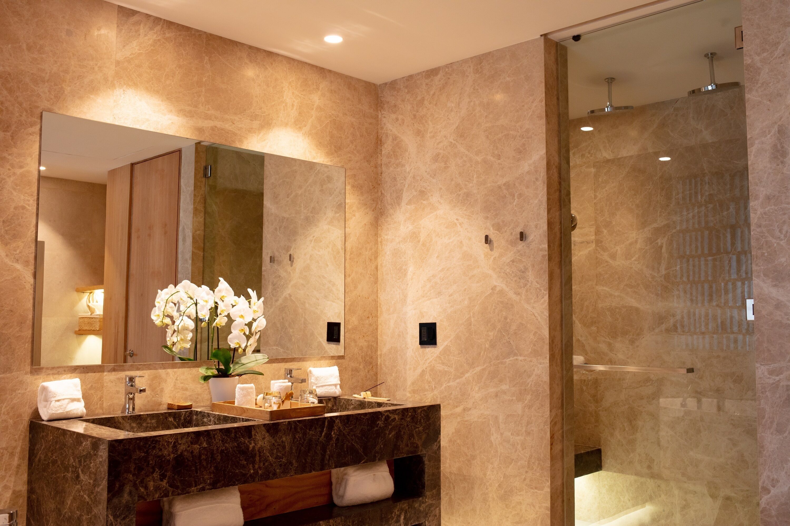 A modern bathroom with a large mirror, two sinks, a shower, and a vanity with a towel rack.