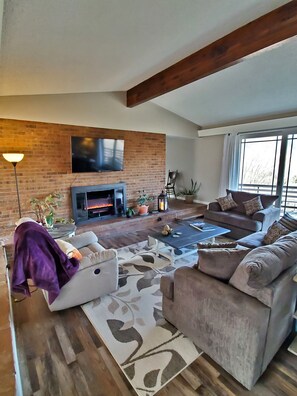 Smart TV, fireplace, DVD player, books