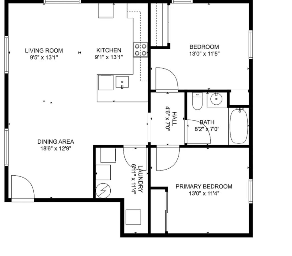 A floor plan with a living room, kitchen, dining area, two bedrooms, a bathroom, and a laundry room.