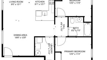 Ein Grundriss mit Wohnzimmer, Küche, Essbereich, zwei Schlafzimmern, einem Badezimmer und einem Hauswirtschaftsraum.