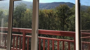 Un balcon doté d’une balustrade rouge, qui offre une vue sur un paysage montagneux parsemé d’arbres denses.