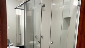 A modern bathroom with a glass-enclosed shower, a sink with a mirror, and a toilet.