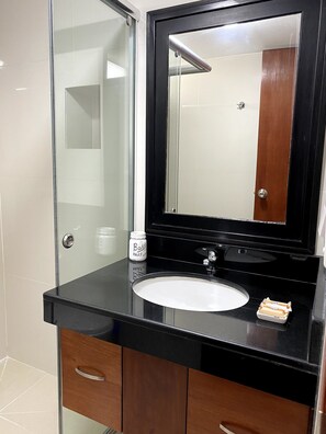 Hair dryer, towels, soap