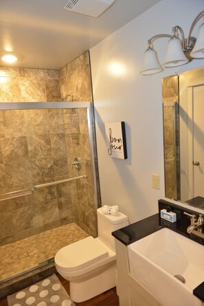 A bathroom with a shower, toilet, and sink. - 2 Bedroom Oasis! Mother in-Law Apt Forest Lake, MN (Forest Lake)