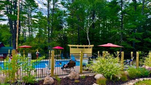 A pool area with a wooden pergola, red umbrellas, and a fenced deck. - Chalet Cabin,  Gore Skiing, Pool, AC, Spacious Cabin, Loon Lake (Chestertown)