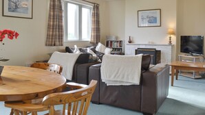 Un salon comprenant un canapé, une table à manger avec des chaises, une cheminée, un téléviseur et une bibliothèque.
