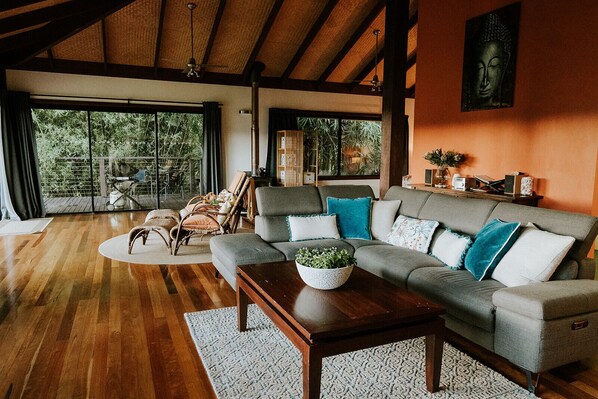 Fernseher, Kamin, Bücher, Musikbibliothek