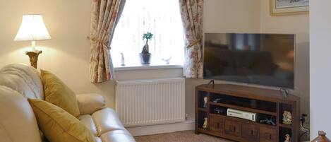 A living room with a sofa, TV, radiator, and decorative items.