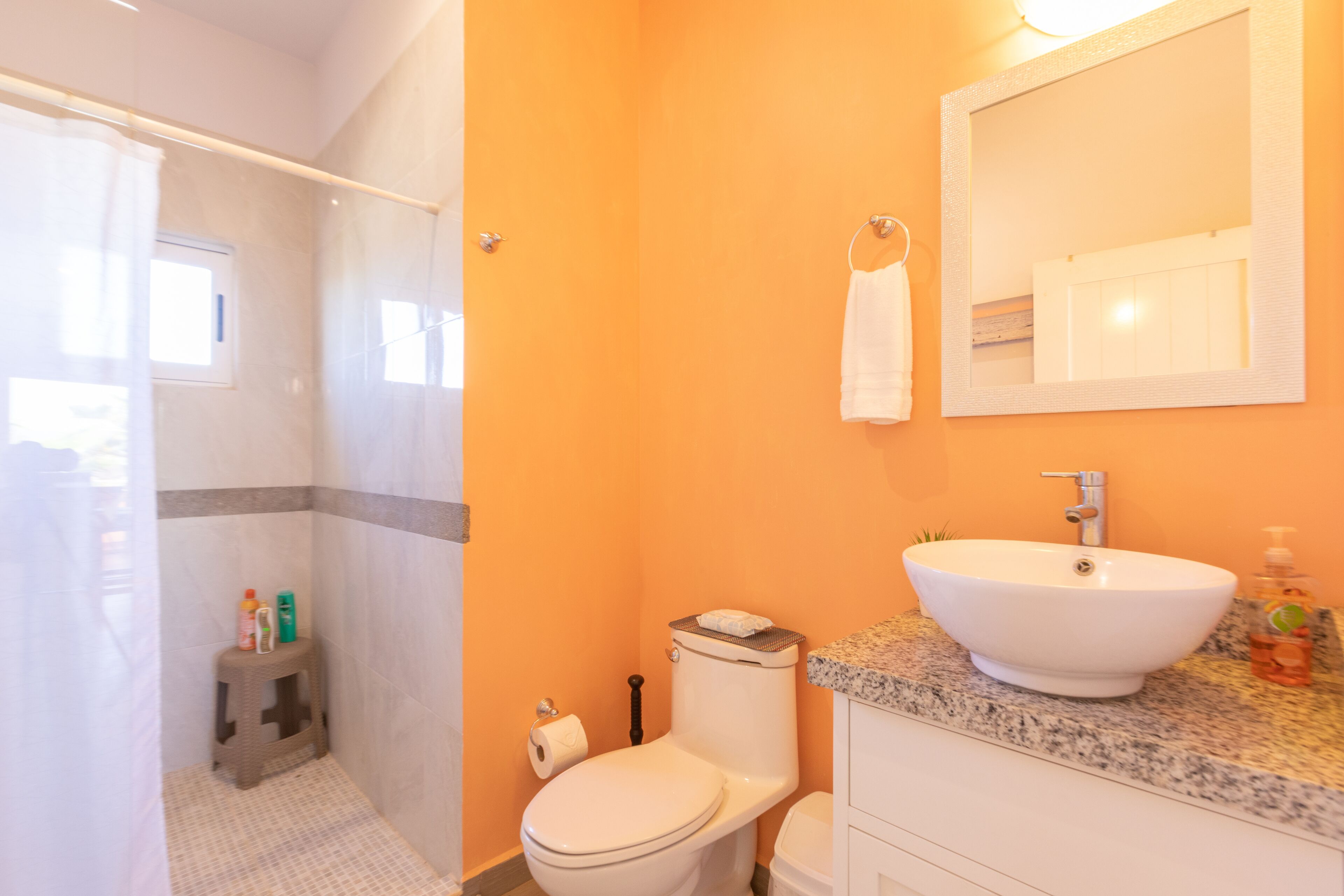 Un bany amb un vàter blanc, un lavabo i una zona de dutxa.