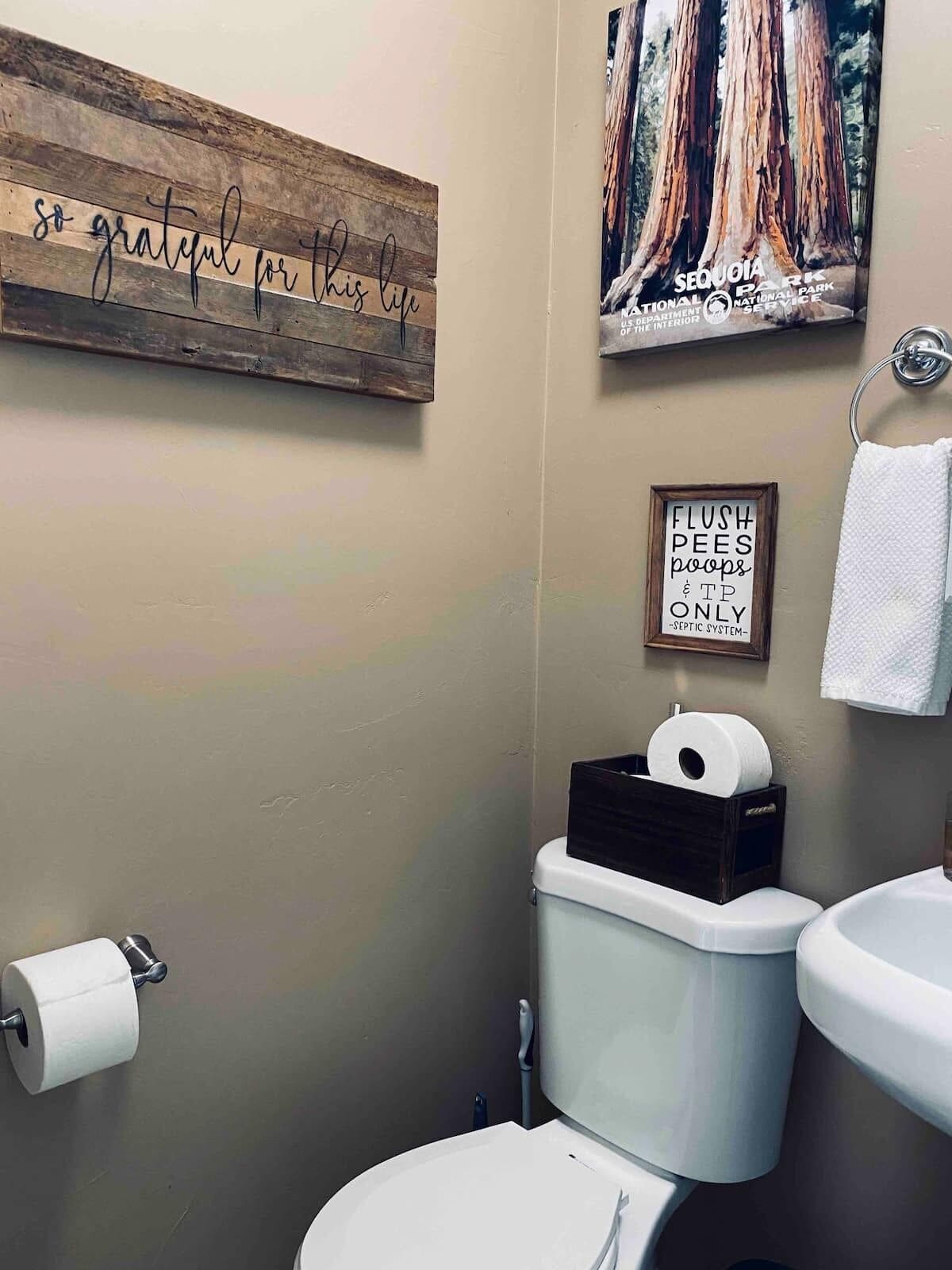 A bathroom with a toilet, a sink, a wooden sign saying "so grateful for this life", and a framed sign that reads "FLUSH PEEPS poops is TP ONLY - SEPTIC SYSTEM".