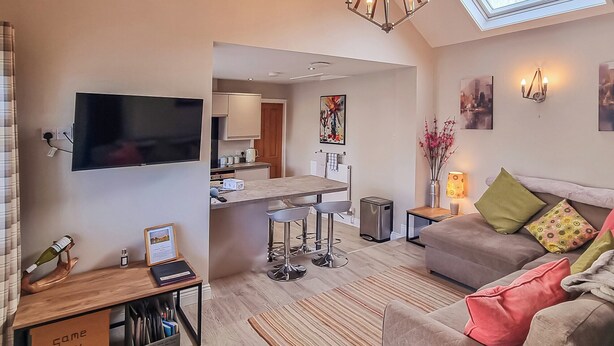Una sala de estar moderna con televisor de pantalla plana, un sofá, una mesa de centro y una pequeña cocina con una mesa de comedor y taburetes de bar.