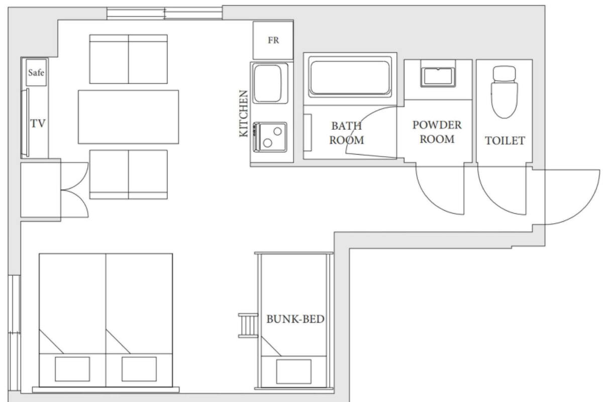 A floor plan with a kitchen, safe, TV, bunk bed, powder room, bathroom, and toilet.