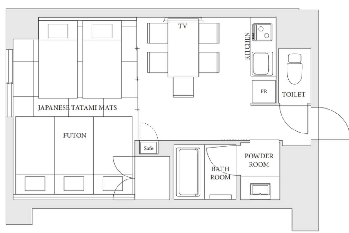 A floor plan with Japanese tatami mats, a futon, a TV, a kitchen, a powder room, and a safe.