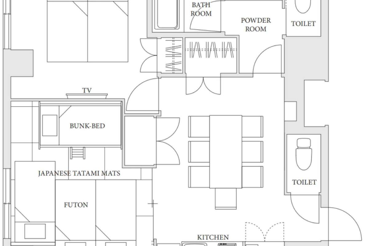 A floor plan with a bunk bed, Japanese tatami mats, futon, kitchen, powder room, bathroom, and two toilets.