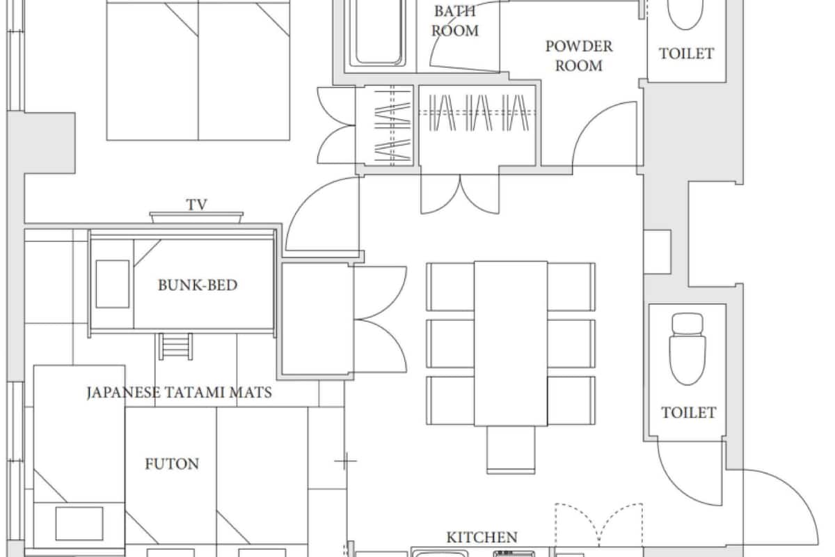A floor plan with a bunk bed, Japanese tatami mats, futon, kitchen, powder room, bathroom, and two toilets.
