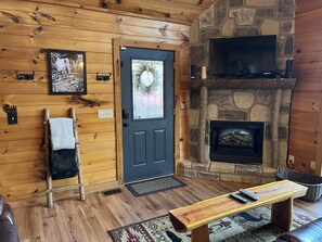 TV connectée, cheminée, livres