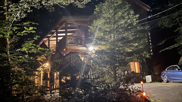 Eine Holzhütte mit Balkon, umgeben von dichtem Grün.