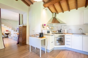 A modern kitchen with white cabinetry, a stainless steel oven, and a wooden ceiling.