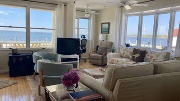 Smart TV, fireplace, books, stereo