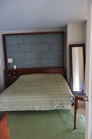 A bedroom with a checkered bedspread, a wooden headboard, a bedside table with a lamp, and a green rug.